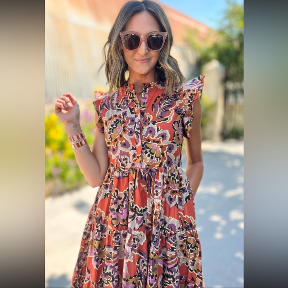 Floral Flutter Shoulder Sleeveless Tiered Midi Dress by Karlie